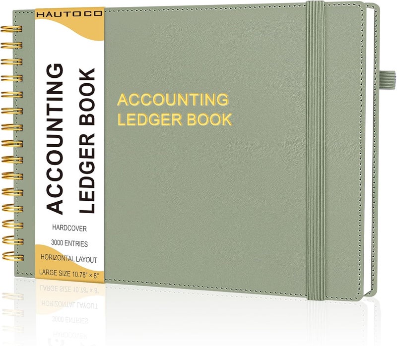 Hautoco Hardcover Accounting Ledger Book for Small Business Bookkeeping Horizontal Money Expense Tracker Notebook with 2 Storage Pouch, Personal Columnar Log Journal 10.78 x 8'', Olive Green - Image 1